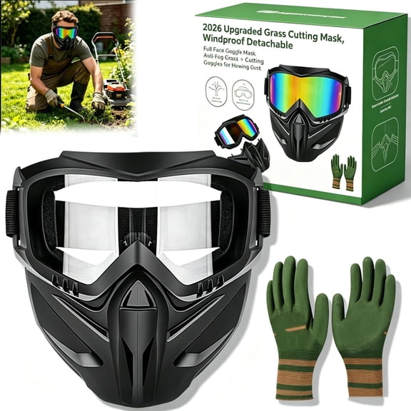 2026 Upgraded Grass Cutting Mask, Anti-Fog Detachable Full Face Goggle Mask, Windproof Grass Cutting Goggles for Mowing Grass, Dust