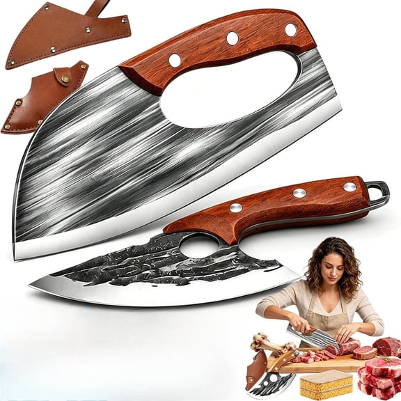 2026 Upgraded Hand-Forged Chef Knife & Cleaver Set V-Sharp Blade, Long-Lasting Kitchen Slicing Cleaver for Easy Cutting