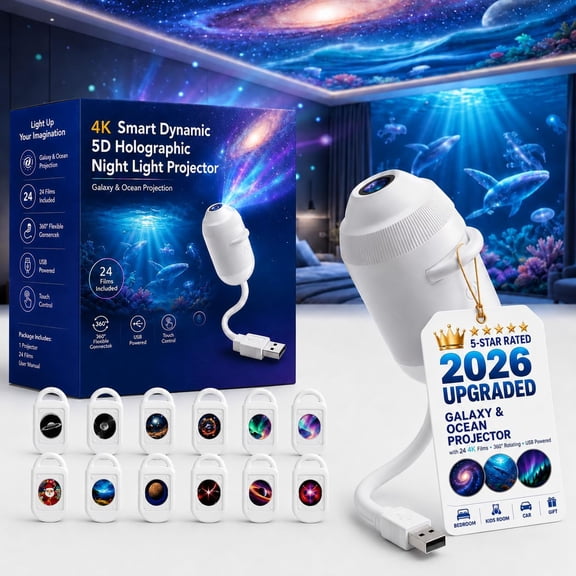 2026 Upgraded Hd Smart Dynamic 5D Holographic Night Light Projector with 24 Films, Plug and Play HD Star Projector, 2-in-1 Galaxy Star Projector, 360 Rotating, USB Powered (With 24 Films)