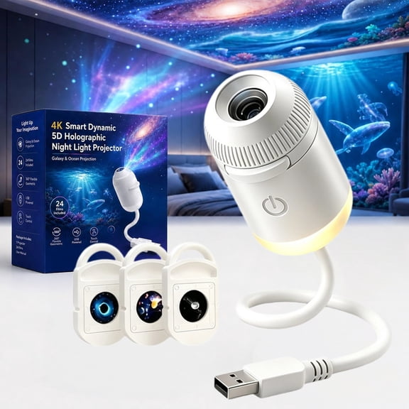 2026 Upgraded Hd Smart Dynamic 5D Holographic Night Light Projector with 24 Films, Plug and Play HD Star Projector, 2-in-1 Galaxy Star Projector, 360 Rotating, USB Powered (3 Projection Films)