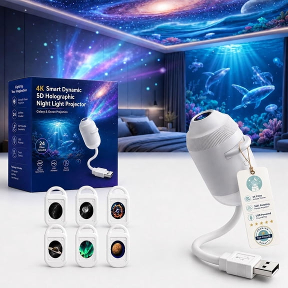2026 Upgraded Hd Smart Dynamic 5D Holographic Night Light Projector with 24 Films, Plug and Play HD Star Projector, 2-in-1 Galaxy Star Projector, 360 Rotating, USB Powered (With 24 Films)