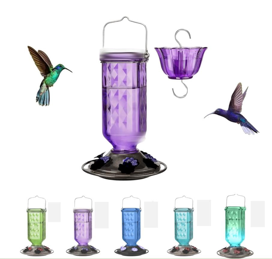 2026 Upgraded Hummingbird Feeders for Outdoors, 24oz Leak Proof Glass Hummingbird Feeder, Easy Clean Wide Mouth Bird Feeder with Ant Moat for Outside Hanging (Amethyst Purple)
