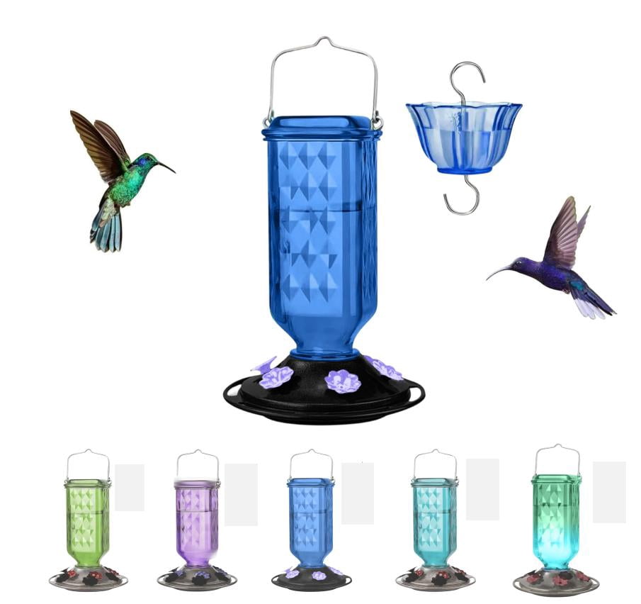 2026 Upgraded Hummingbird Feeders for Outdoors, 24oz Leak Proof Glass Hummingbird Feeder, Easy Clean Wide Mouth Bird Feeder with Ant Moat for Outside Hanging (Royal Blue)