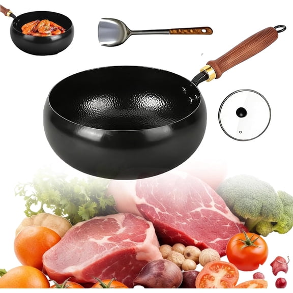 2026 Upgraded Japanese Cast Iron Wok, Hand Hammered Uncoated Healthy Non-Stick Pan, Rust-Free Durable High Purity Iron Pot with Lid Round Bottom for Gas Cooker Stir Fry (Glass lid,24cm)