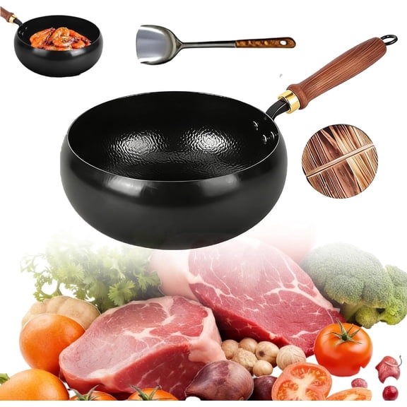 2026 Upgraded Japanese Cast Iron Wok, Hand Hammered Uncoated Healthy Non-Stick Pan, Rust-Free Durable High Purity Iron Pot with Lid Round Bottom for Gas Cooker Stir Fry (Wooden lid,24cm)