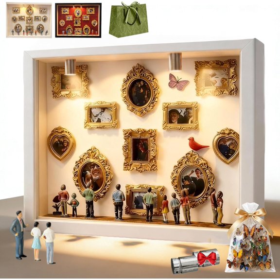 2026 Upgraded Large Mini Museum Silhouette Box,Lighted Shadow Box Display with 8 Figurines & 11 Gold Mini Frames,Shadow Box Frame Kit,Celebrate Your Unique Memories in Style