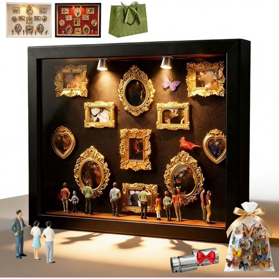 2026 Upgraded Large Mini Museum Silhouette Box,Lighted Shadow Box Display with 8 Figurines & 11 Gold Mini Frames,Shadow Box Frame Kit,Celebrate Your Unique Memories in Style