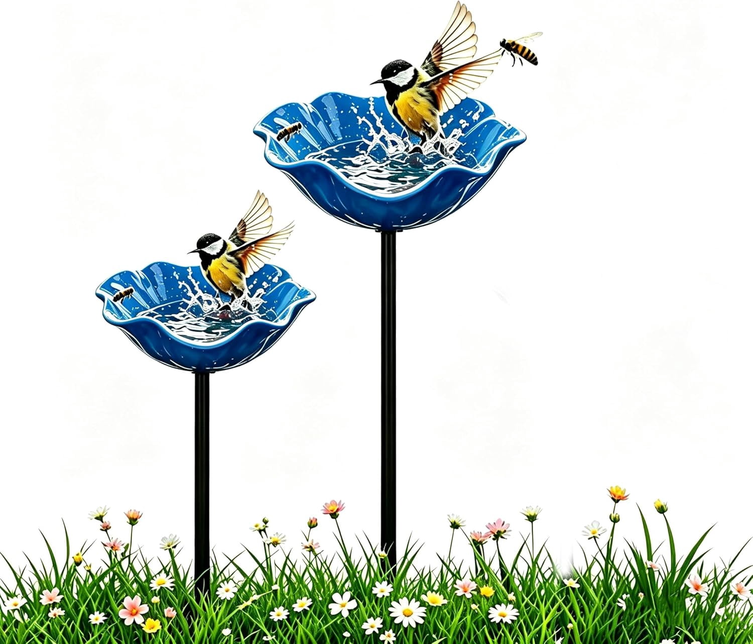 2026 Upgraded Metal Flower Garden Stake, Handmade Bird Bath & Bee Watering Station, Decorative Butterfly Drinking Bowl for Outdoor Yard Lawn Garden Decor(Blue,2)