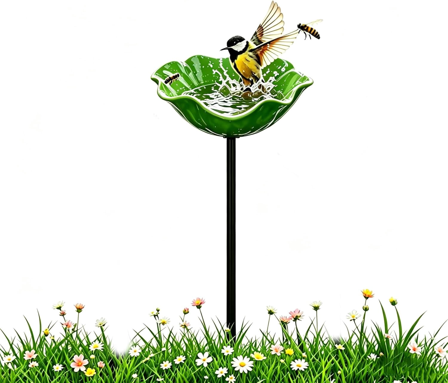 2026 Upgraded Metal Flower Garden Stake, Handmade Bird Bath & Bee Watering Station, Decorative Butterfly Drinking Bowl for Outdoor Yard Lawn Garden Decor(Green,1)