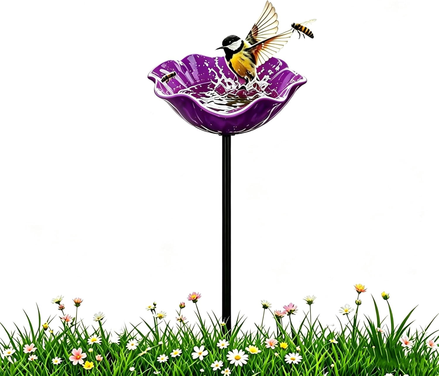 2026 Upgraded Metal Flower Garden Stake, Handmade Bird Bath & Bee Watering Station, Decorative Butterfly Drinking Bowl for Outdoor Yard Lawn Garden Decor(Purple,1)