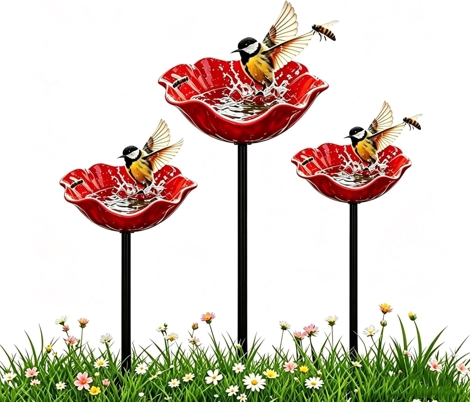 2026 Upgraded Metal Flower Garden Stake, Handmade Bird Bath & Bee Watering Station, Decorative Butterfly Drinking Bowl for Outdoor Yard Lawn Garden Decor(red,3)
