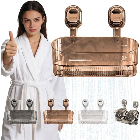2026 Upgraded No-Drill Bathroom Suction Storage Box – Large Capacity & Strong Load-Bearing, With Drain Holes, Transparent Removable Shower Caddy Hanging Wall Mount Kitchen Organizer (Gold)