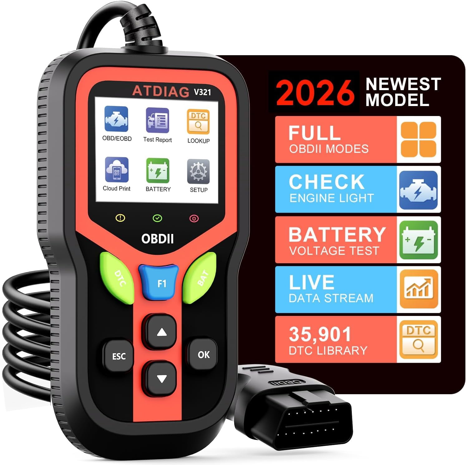 2026 Upgraded OBD2 Scanner Diagnostic Tool, Check Engine Lights and Clear Vehicle Trouble Codes with Professional Battery Start Test, Cloud Printing Enhanced Car Scanner for All Vehicles Since 1996
