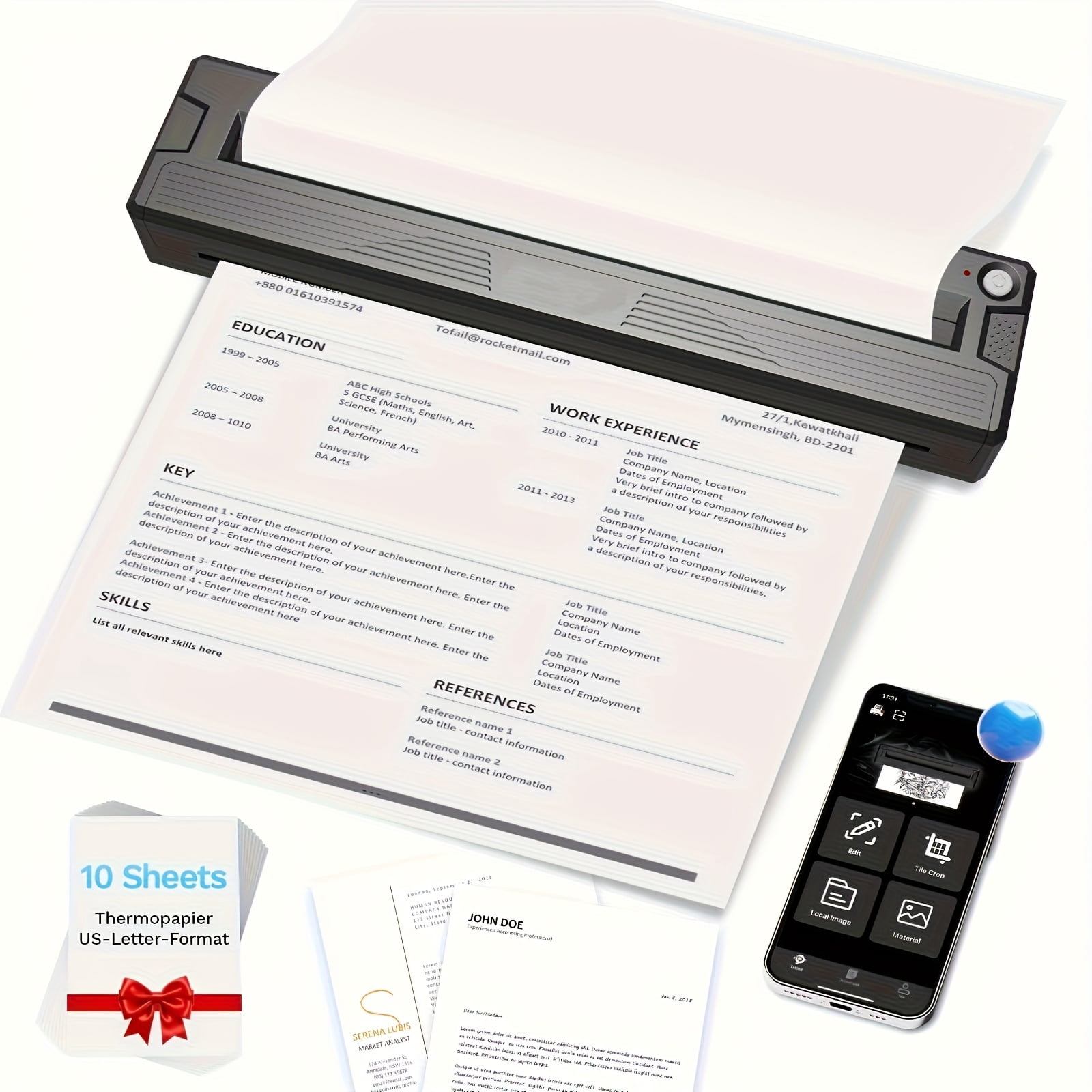 2026 Upgraded Portable Wireless Thermal Printer, Inkless Travel Printer for A4,A5,US Letter&Legal Paper, Compatible with iOS Android Phone Laptop, Includes 10pcs Thermal Paper