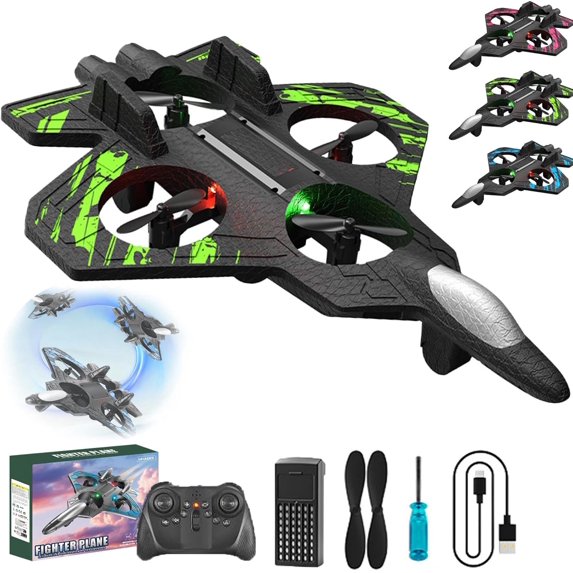2026 Upgraded RC Jet-RC Stunt Fighter Jet Toy for Adult with 360° Flips & LED Lights, Remote Control Airplanes Foam Planes Drone with Battery & Fan Blade (Green + 1 Battery)