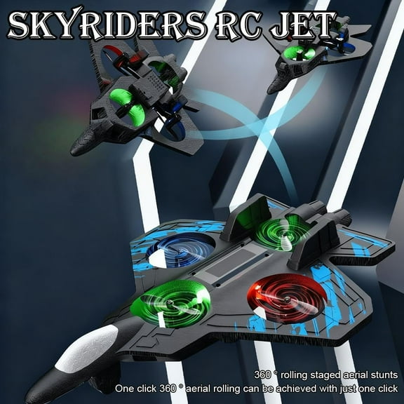 2026 Upgraded RC Jet – Skyriders Stunt Fighter with 360° Flips, LED Lights & Fan Blade, Rechargeable Foam Airplane Drone for Adults & Teens Blue