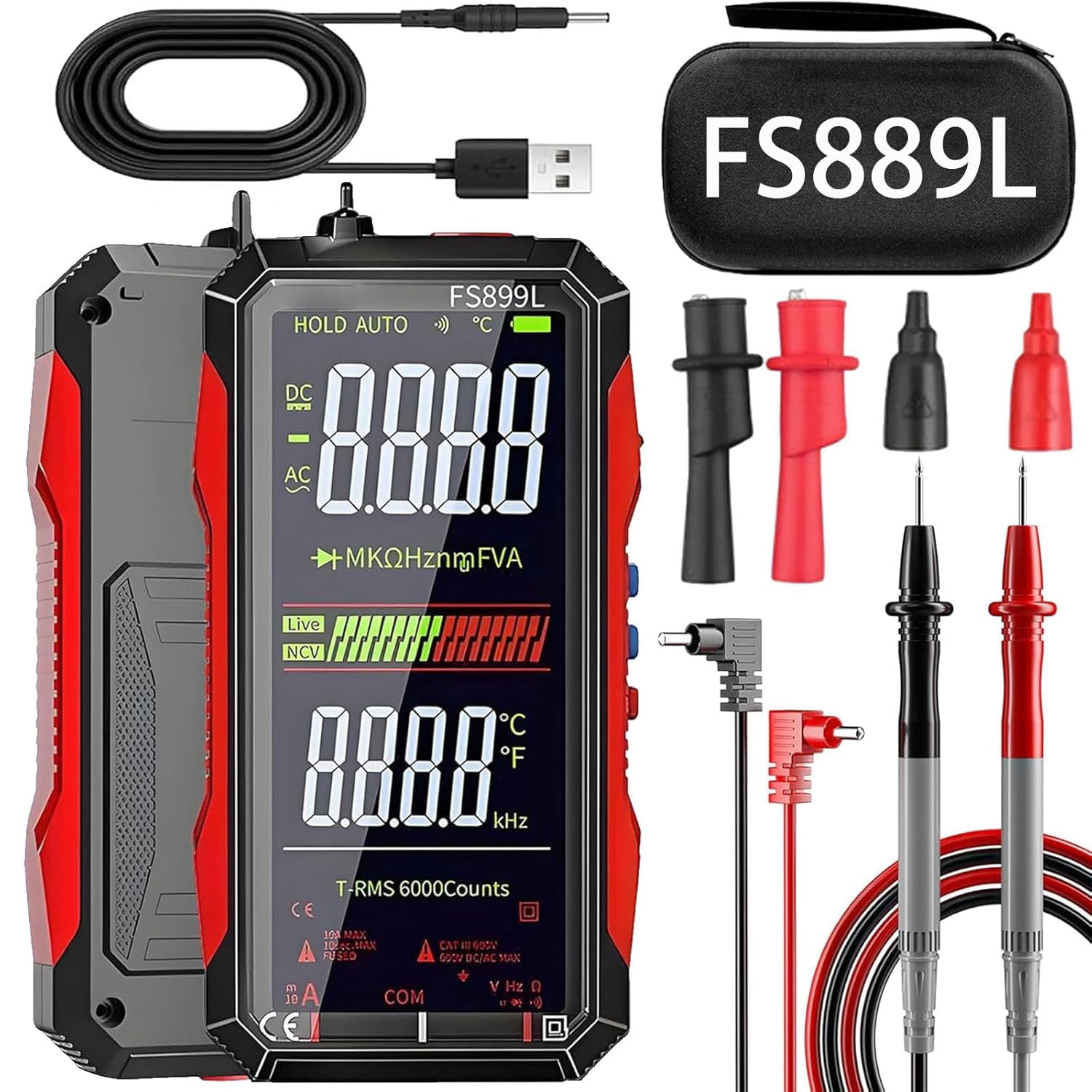 2026 Upgraded Smart USB Rechargeable Digital Multimeter, FS899L Multimeter, Auto Digital Display Tester, Measures Voltage Current Resistance Diodes Continuity Duty-Cycle Capacitance Temperature