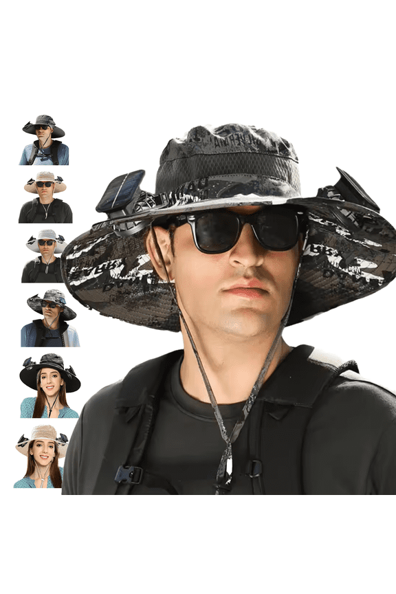 2026 Upgraded Solar Power Hat Fan, Hat With Fan - Hat With Solar Powered Fan, Dual Powered Wide Brim Safari Bucket Hat for Hiking Fishing Yard Work
