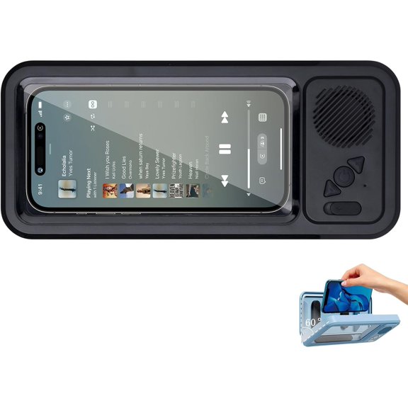 2026 Upgraded Speaker Phone Holder Waterproof,Bluetooth Speaker,IPX4 Waterproof & Fog-Resistant, 360° Rotatable & Adjustable, Fits All Smartphones, Wall Mount for Bathroom Kitchen (Black)