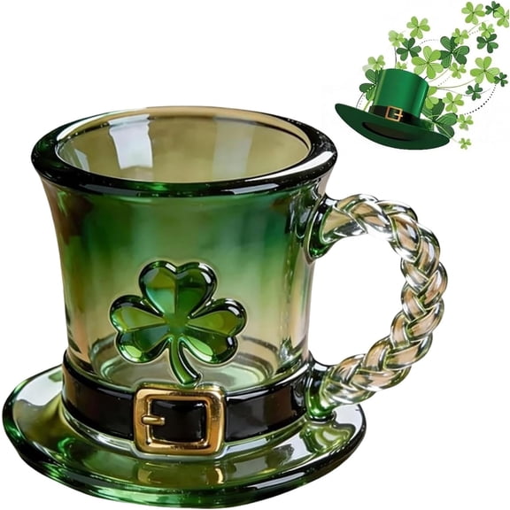2026 Upgraded St. Patrick's Day Leprechaun Hat Glass Mug, Shamrock Leprechaun Hat Glass Mug, Emerald Green Coffee Cup, Green Gradient Beer Mugs with Shamrock Celtic Knot Handle (1 PC)