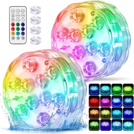 2026 Upgraded Submersible LED Lights, IP68 Waterproof Floating Pool Hot Tub Lights with Remote Control, 15 RGB Colors, Timer, Suction Cups, Battery Powered Underwater Lights