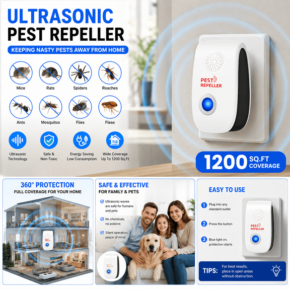 2026 Upgraded Ultrasonic Pest Control Repeller 1 Pack, Electronic Pest Control Repeller Plug-in, Mosquitoes Repellent Indoor for Insect Ant Bug Rodent Spider for House Kitchen Garage Warehouse