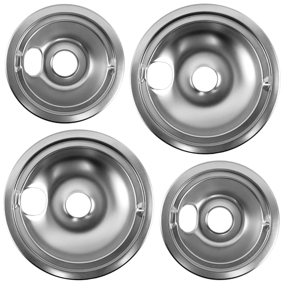 2026 Upgraded WB31T10010 WB31T10011 Chrome Drip Pans Set (4 Pack) - 2x6" & 2x8" Replacement for GE, Hotpoint, Kenmore Electric Stoves with Locking Slot - Chrome Plated Steel Burner Bowls