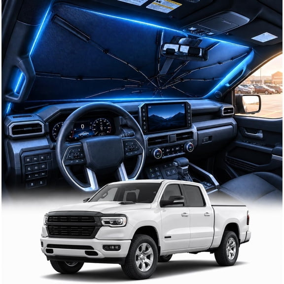 [2026 Upgraded]  Windshield Sun Shade Umbrella for Dodge RAM 1500 2500 3500 [100% Sunlight Blocked, Cooling Ice Crystal] Sunshade for Car Windshield for RAM Sun Shade 2019-2026.