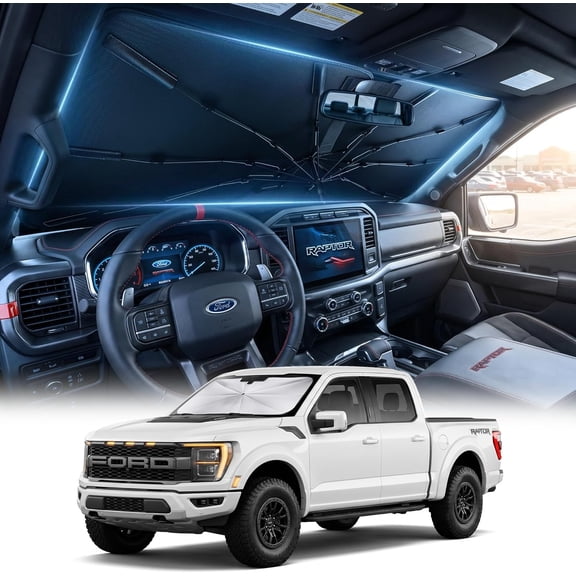 [2026 Upgraded]  Windshield Sun Shade Umbrella for Ford F150 F250 F350 F450 [100% Sunlight Blocked, Cooling Ice Crystal] Sunshade for Car Windshield for f150 Sun Shade 2015-2026.