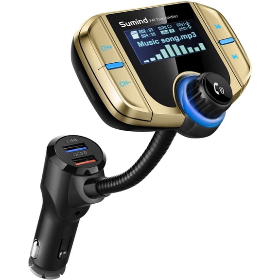 2026 Upgraded Wireless Bluetooth Car Adapter FM Transmitter, 1.7'' LCD Display, Flexible Gooseneck, 20W QC3.0&Dual USB Ports, AUX Input/Output for Hands-Free Call, Micro/TF Card(Golden,Normal)