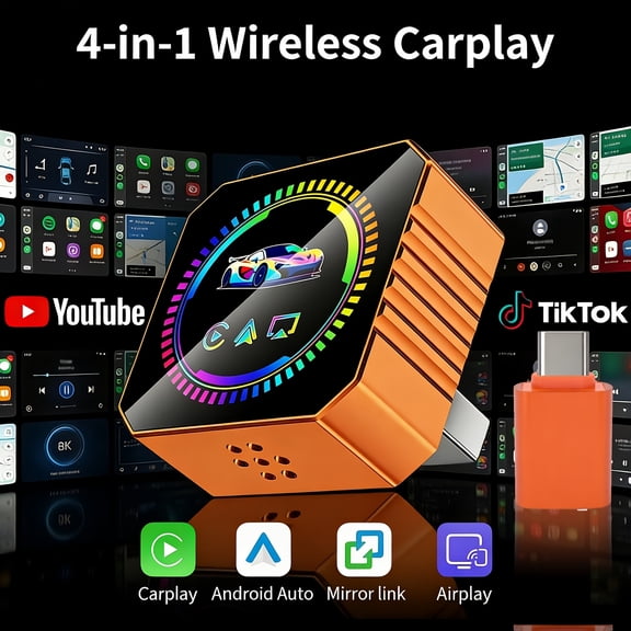 2026 Upgraded Wireless CarPlay Adapter - 4-in-1 Plug & Play USB-C/USB Dongle with BT 5.0, Converts Wired to Wireless CarPlay, AirPlay & Android Screen Mirroring for iOS & Android