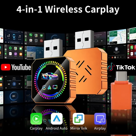 2026 Upgraded Wireless CarPlay Adapter - 4-in-1 Plug & Play USB-C/USB Dongle with BT 5.0, Converts Wired to Wireless CarPlay, AirPlay & Android Screen Mirroring for iOS & Android