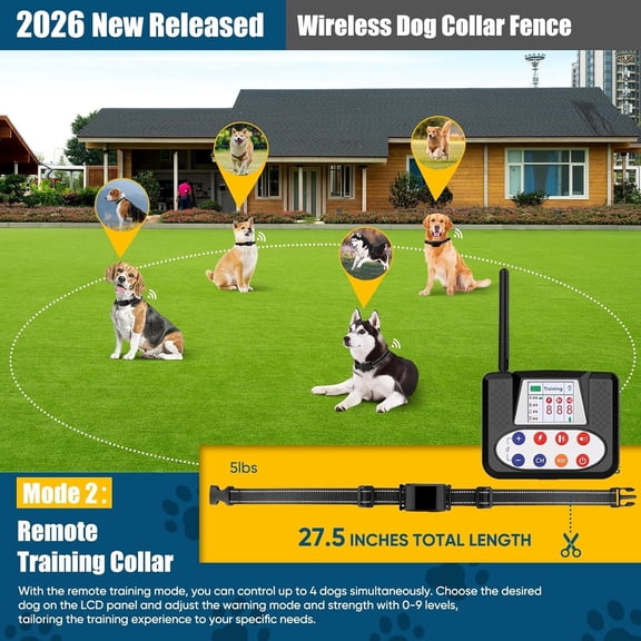 2026 Upgraded Wireless Dog Fence, Electric Fence System with Training Collar, Portable Pet Containment & Training Kit - Large LCD, Waterproof, Adjustable Collar for Small Medium & Large Dogs