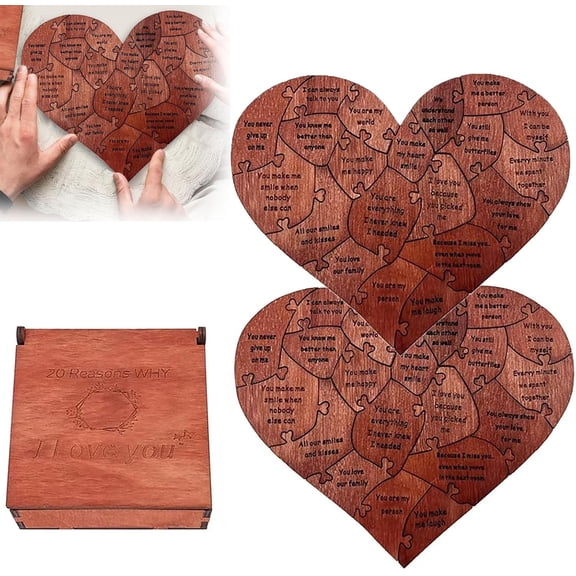 2026 Upgraded 20 Reasons Why I Love You Wooden Heart Puzzle  Romantic Interactive Puzzle Gift for Her, Anniversary Valentine's Day Romantic Heart Puzzles(2pcs)Z
