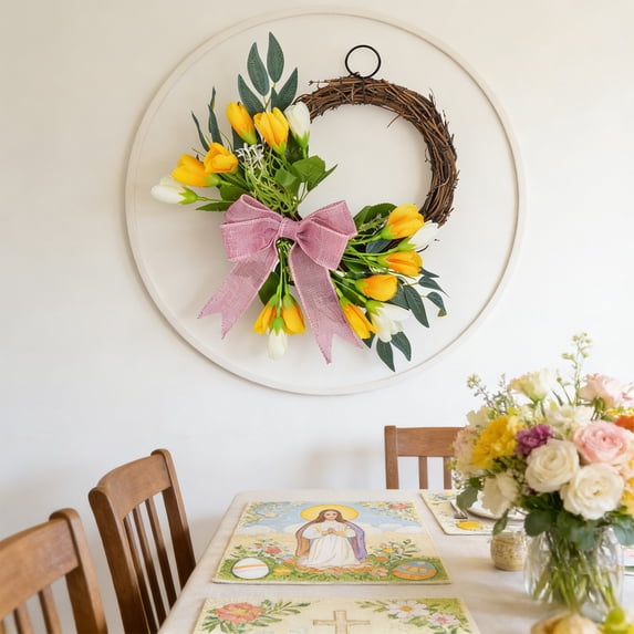 2026 Upgraded Wreath for Front Door,Half Spring Wreath with Green Leaves and Burlap Bow, Artificial Floral Flower Door Wreath for All Seasons Wall Window Valentine Easter Home Décor 13"x13" D