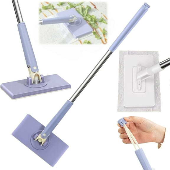 2026 Upgraded Zero Touch Snap Grip Mini Mop, Cloth Changing Mini Mop with Automatic Hands Free Push Pull Handle, 360 Rotating Head, Includes 8 Cleaning Cloths for Bathroom and Kitchen(37.4in)