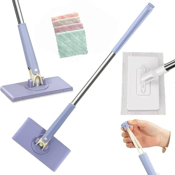 2026 Upgraded Zero Touch Snap Grip Mini Mop, Cloth Changing Mini Mop with Automatic Hands Free Push Pull Handle,360 Rotating Head, Includes 8 Cleaning Cloths for Bathroom and Kitchen(45.28in+Cloth*1)