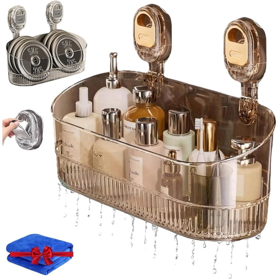2026 Upgrades No-Drill Bathroom Suction Storage Box–Large Capacity & Strong Load-Bearing, No Drill Bathroom Shelves Drain Rack Organizer, Hanging Shower Caddy Suction Cups Heavy Duty (B)