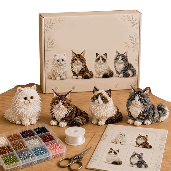 2026 Upgrated Tiny 3D Beaded Animal DIY Kit, Complete Animals Beading Craft Set for Beginners & Hobbyists(Persian Cat,Maine Coon Cat,Ragdoll Cat,Norwegian Forest Cat)