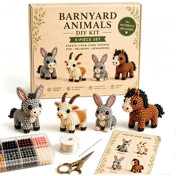 2026 Upgrated Tiny 3D Beaded Animal DIY Kit, Complete Animals Beading Craft Set for Beginners & Hobbyists（Donkey, Goat, Rabbit,Horse）