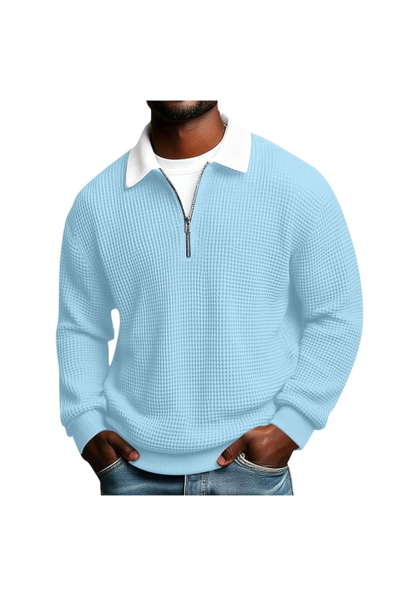 2026 Urban Smart Casual Tops Solid Waffle Knit Shirts Long Sleeve Lapel Collar Clothing Quarter Zip Mock Neck Outfits Breathable Textured Relaxed Fit Pullover Tees