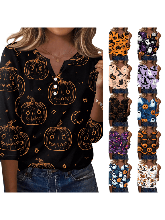 2026 V Neck Halloween Shirts for Women Button Down Blouse Short Sleeve Funny Printe Easy Clothes