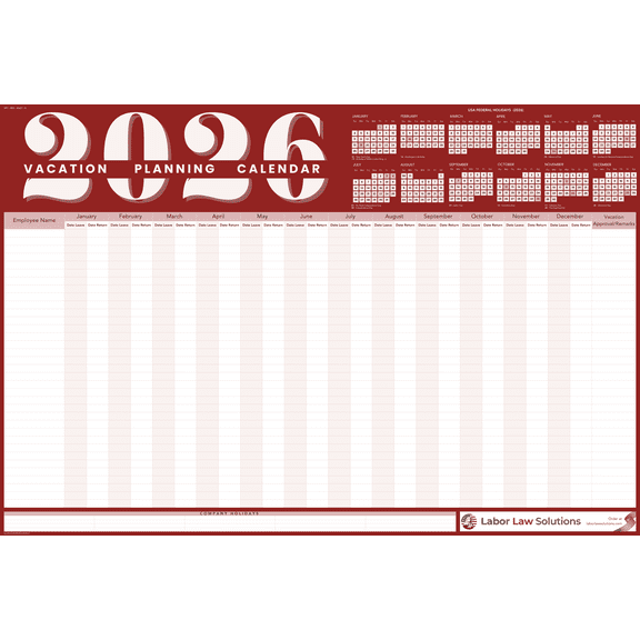 2026 Vacation Planning Calendar 40x27 - Horizontal (Red)