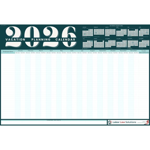 2026 Vacation Planning Calendar 40x27 - Horizontal (Teal)