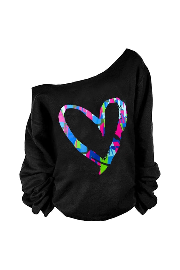2026 Valentina's Day Women Tops Love Heart Shirts Off The Shoulder Pullover Swea Long Sleeve Casual Gift for Her