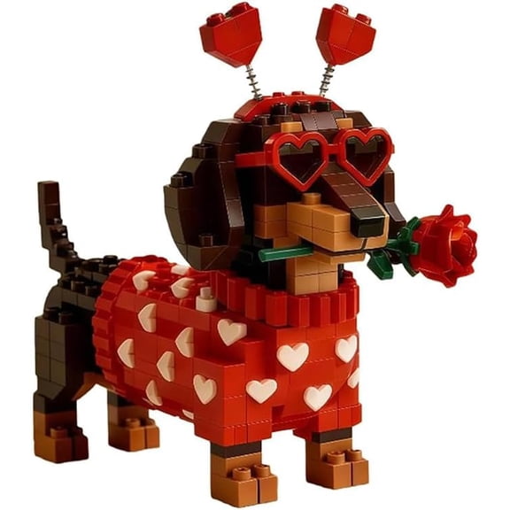 2026 Valentines Day Exclusive Cute Dachshund Dog Building Blocks Toy, Buildable Brick Model with Heart Accent for Display or Play
