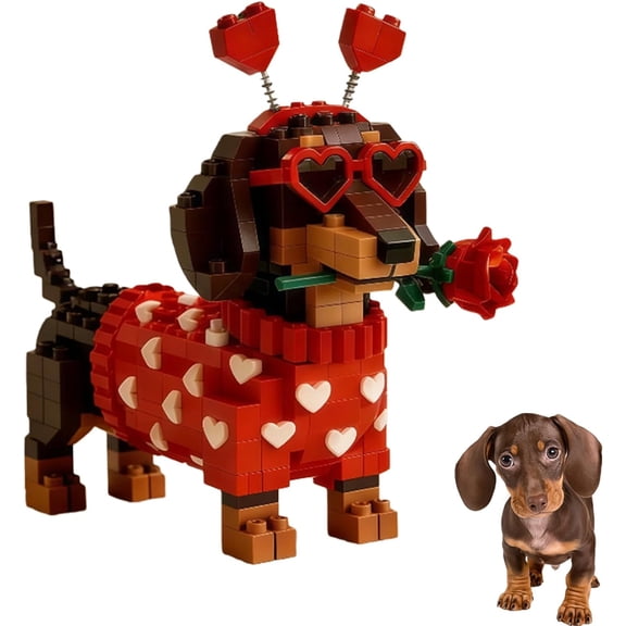 2026 Valentines Day Exclusive Dachshund Brick Set, Dachshund Dog Building Blocks Set with Heart Design, Cute Buildable Dog Model Toy for Kids and Adults