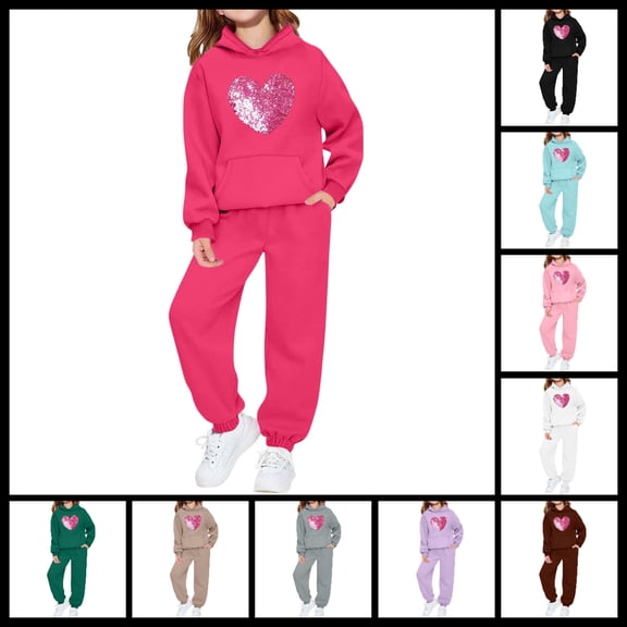 2026 Valentines Day Red Sweatsuit Set Hoodies for Kids Cute Love Heart Graphic Hooded Sweatshirts & Jogger Pants Pullover Shirts with Pockets, Fashion Clothes
