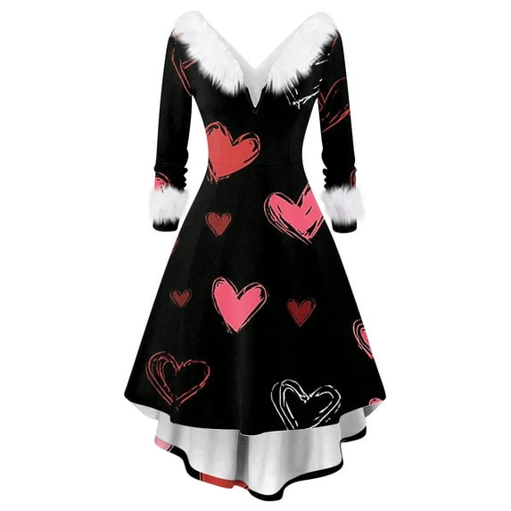 2026 Valentines Day Dresses for Women V Neck Long Sleeve High Low Dresses Plush Collar Vintage Party Dress Black S