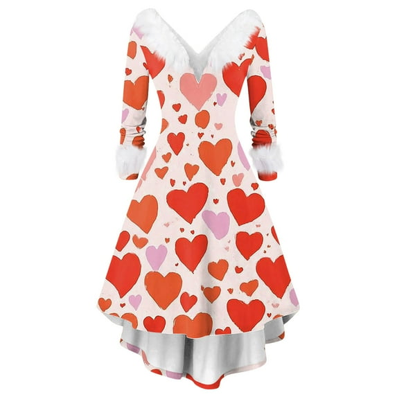 2026 Valentines Day Dresses for Women V Neck Long Sleeve High Low Dresses Plush Collar Vintage Party Dress Pink 2XL